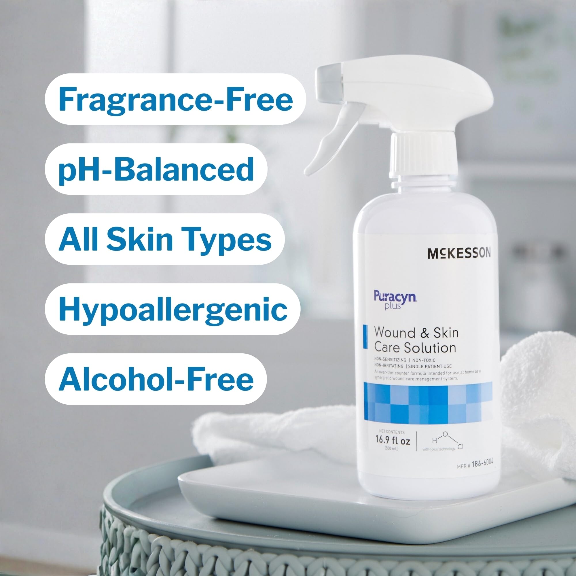 Puracyn Plus label highlights skin-safe HOCl solution for first aid