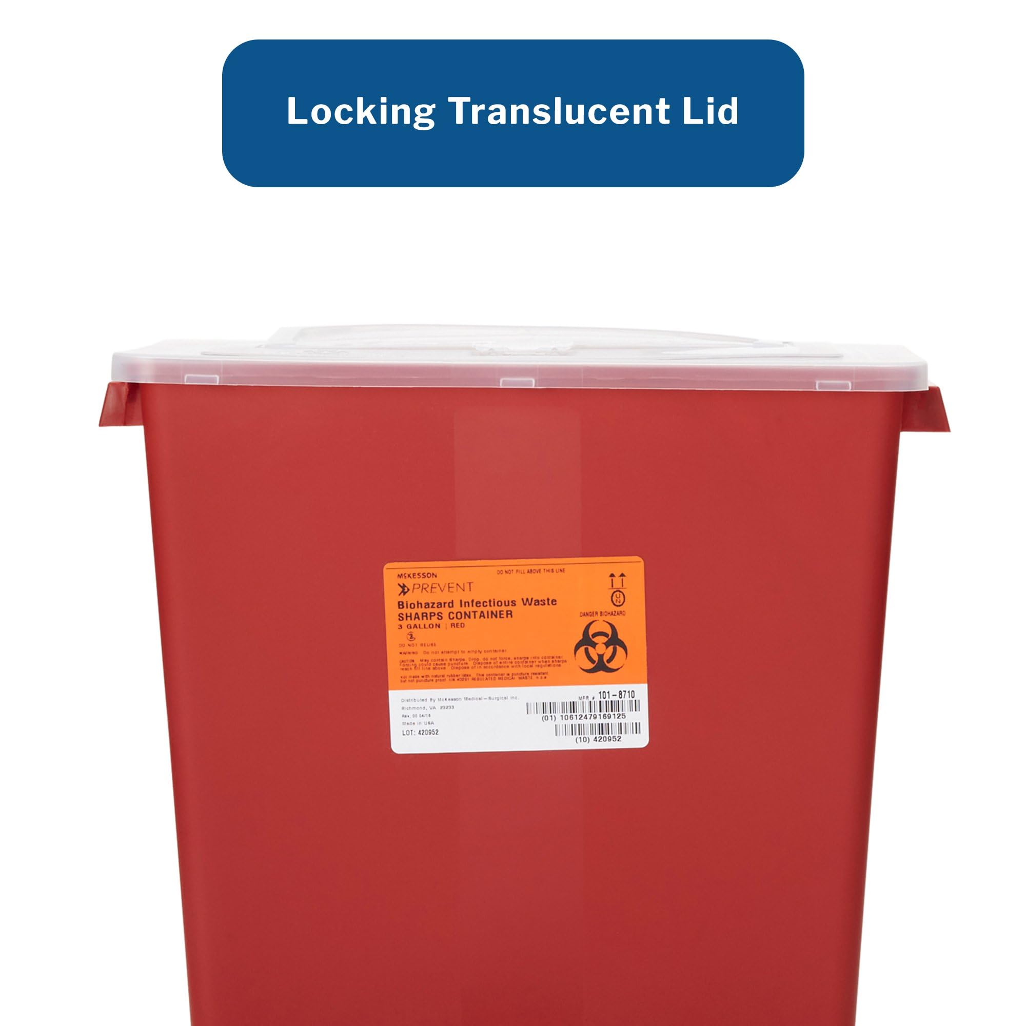 McKesson Sharps Container dimensions 12 in W x 6 in D x 13.5 in H fits workspaces.