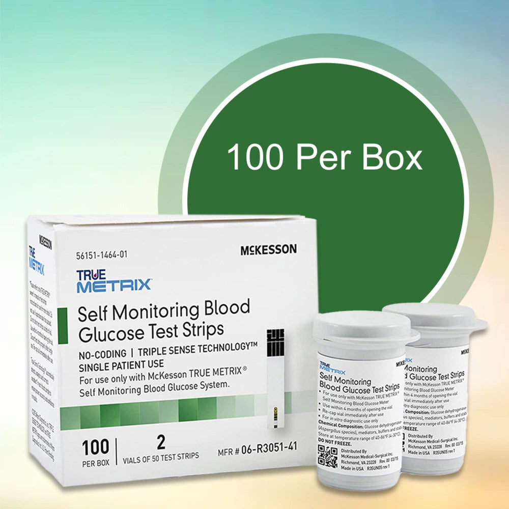 McKesson True Metrix strip showing alternate-site testing on fingertip or forearm.