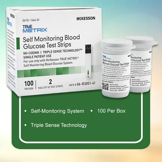 McKesson True Metrix strip requiring a tiny zero-point-five microliter sample.