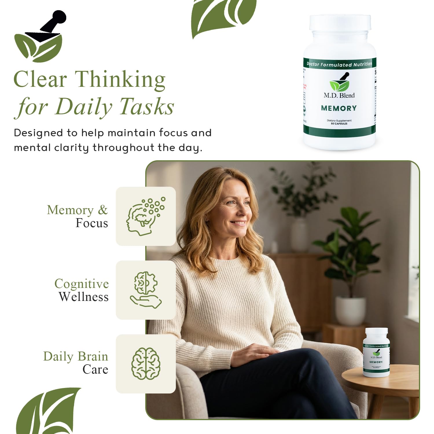M.D. Blend Brain Support bottle side view with 30 capsules.