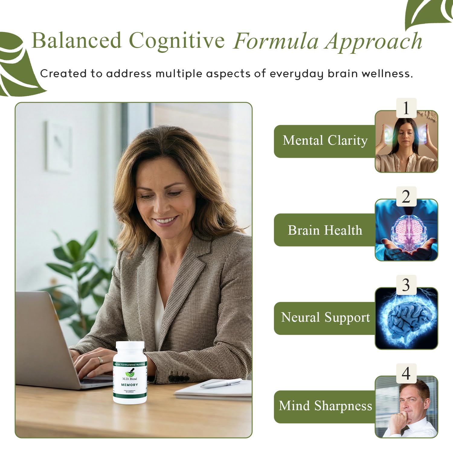 M.D. Blend Brain Support label detail highlights premium formula.
