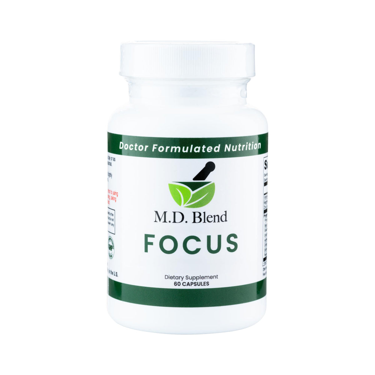 MD Blend Focus bottle close-up highlighting concentrated mental clarity for work