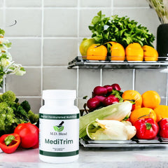 M.D. Blend MediTrim apple cider vinegar bottle emphasizes appetite awareness.