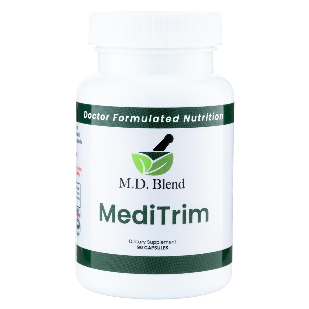 M.D. Blend MediTrim bottle cap showing convenient daily capsules for metabolism support.