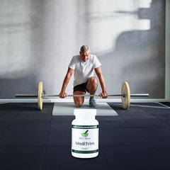 M.D. Blend MediTrim green coffee bean image underscores fat metabolism support.