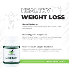 M.D. Blend MediTrim hibiscus imagery showcases polyphenol-rich formula.