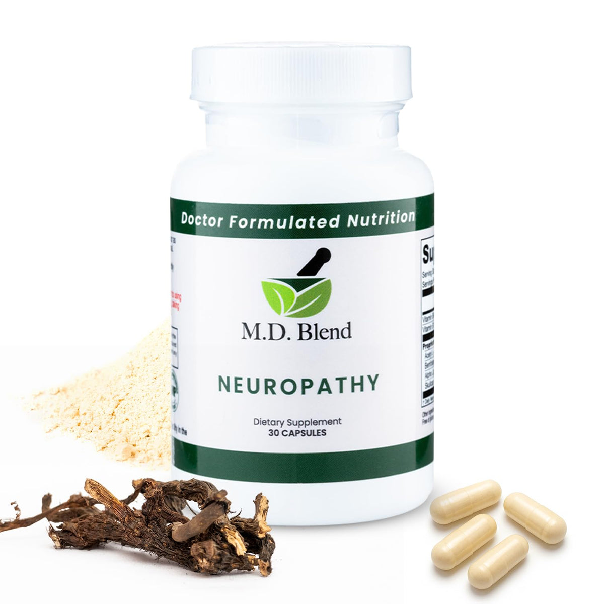 MD Blend Neuropathy bottle cap close-up showing daily nerve support.