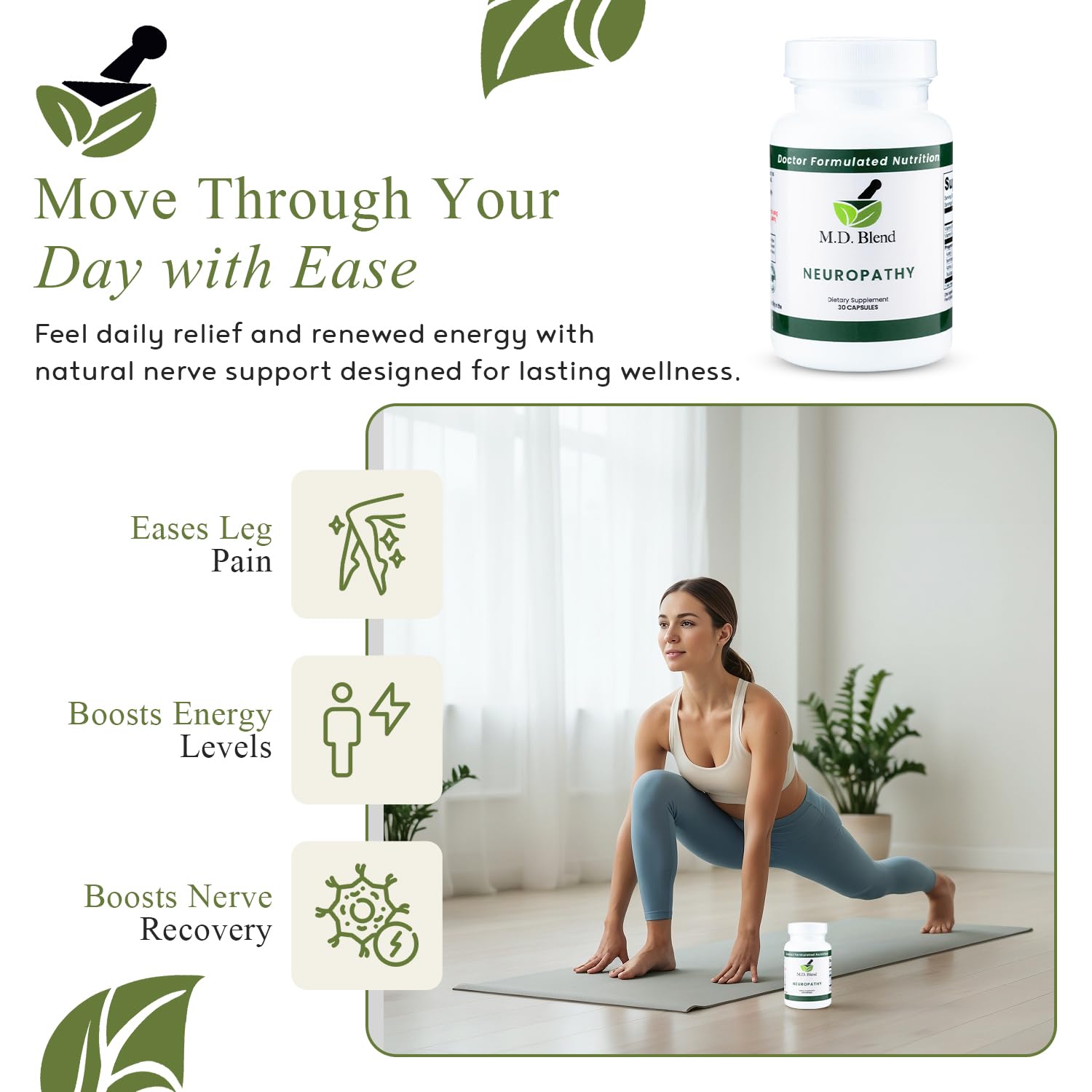 MD Blend Neuropathy capsules on white surface for easy daily nerve support.