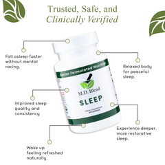 M.D. Blend Sleep bottle side view with dosage and natural formula