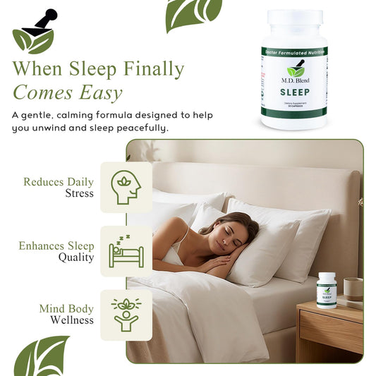 M.D. Blend Sleep capsules closeup showing convenient nightly supplementation