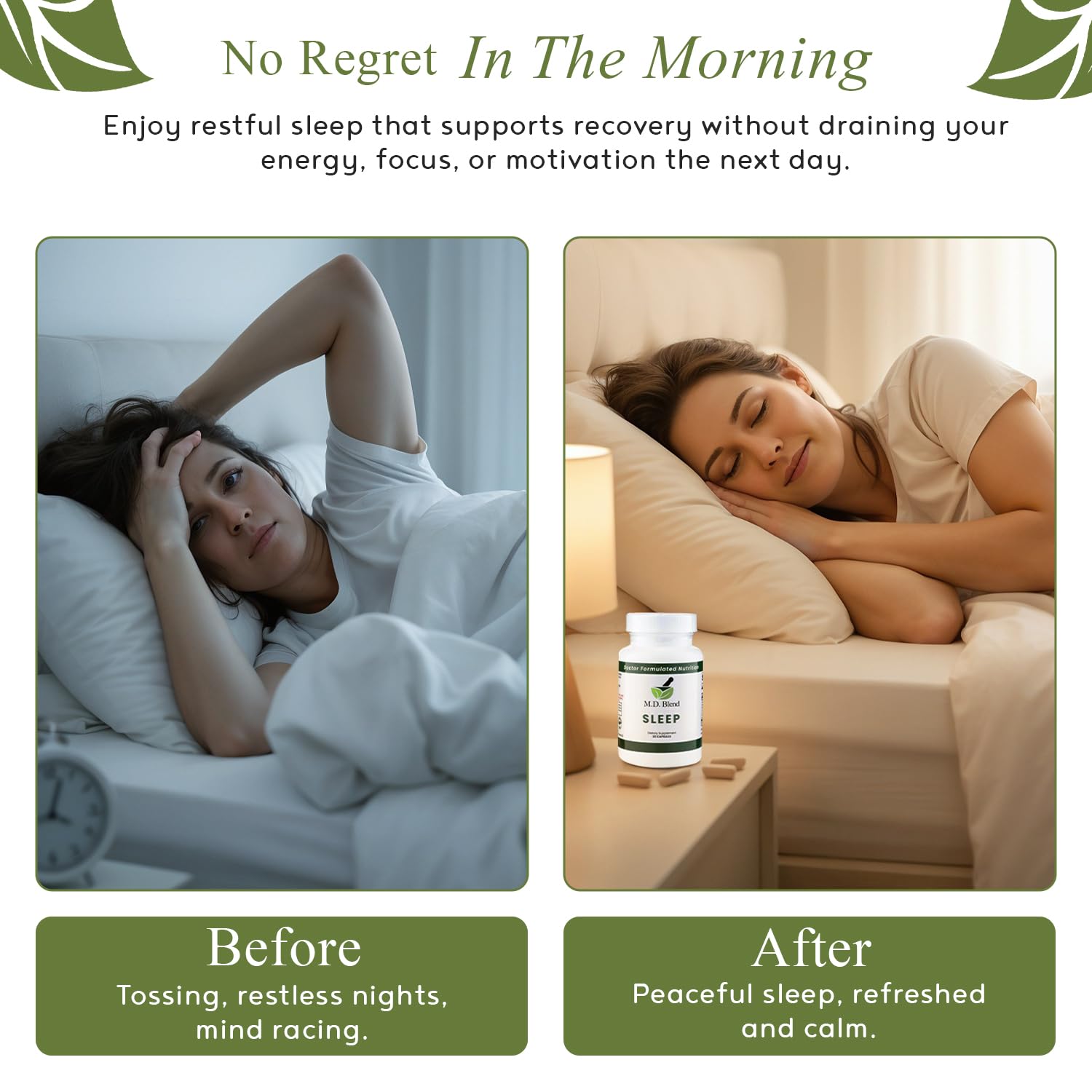 M.D. Blend Sleep melatonin capsules illustrating a time-tested sleep aid