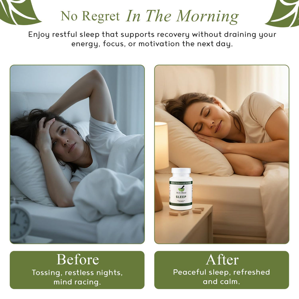 M.D. Blend Sleep melatonin capsules illustrating a time-tested sleep aid