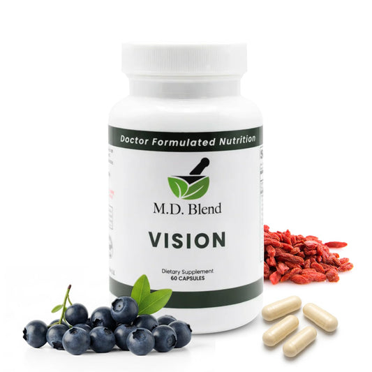 M.D. Blend Vision bottle front for daily eye support and routine use.