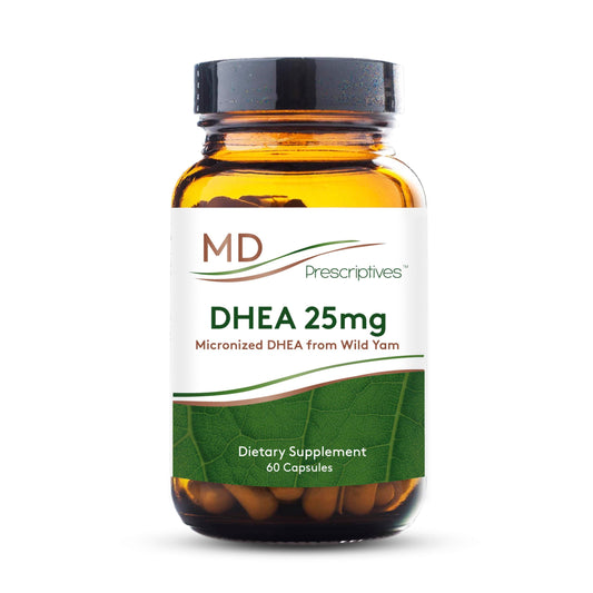 MD Prescriptives DHEA 25mg capsule close-up, emphasizing hormone balance potential.