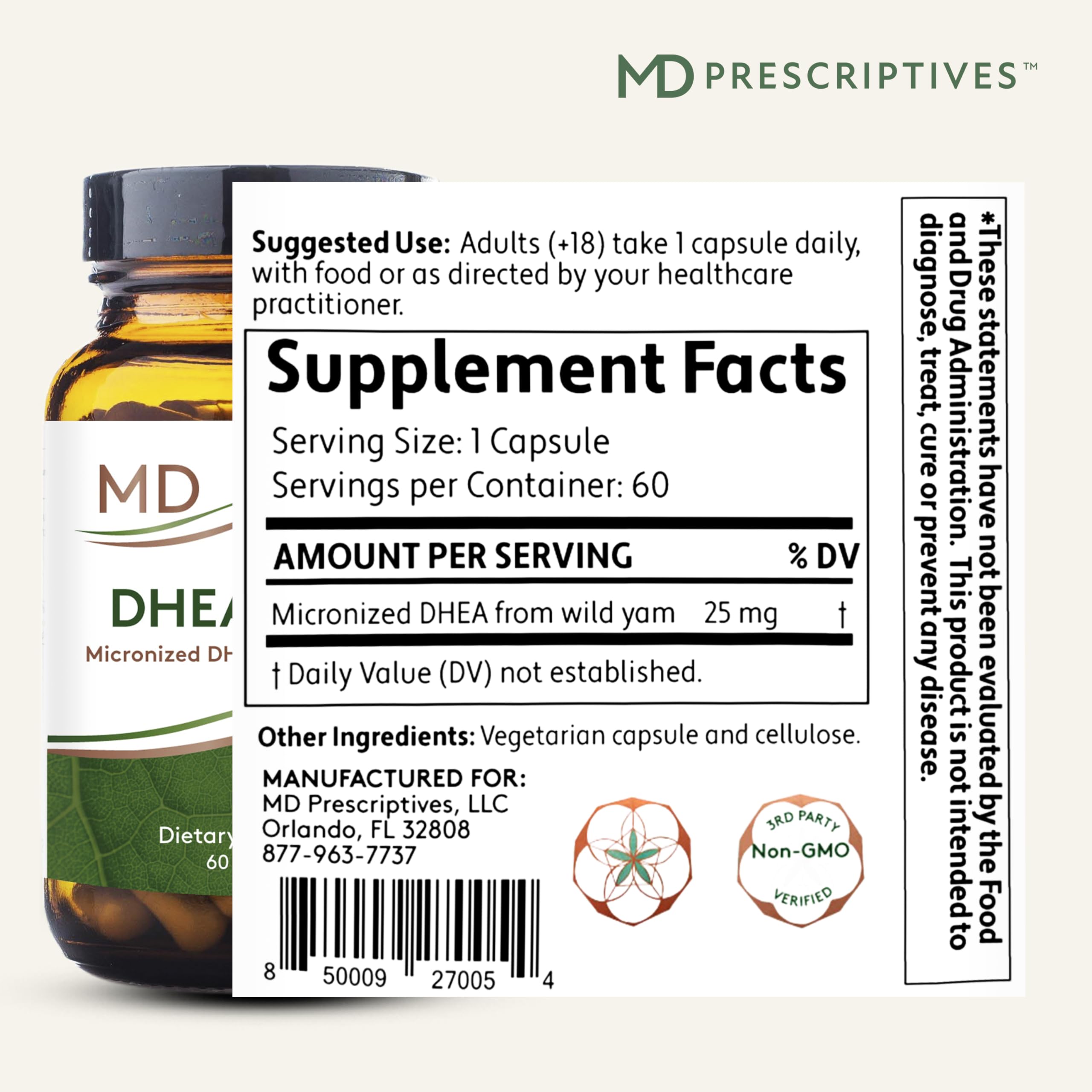 MD Prescriptives DHEA micronized from wild yam for improved absorption.