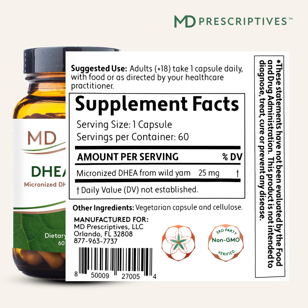 MD Prescriptives DHEA micronized from wild yam for improved absorption.