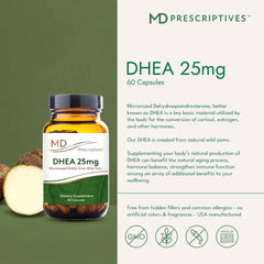 MD Prescriptives DHEA bottle highlighting packaging and bottle design.