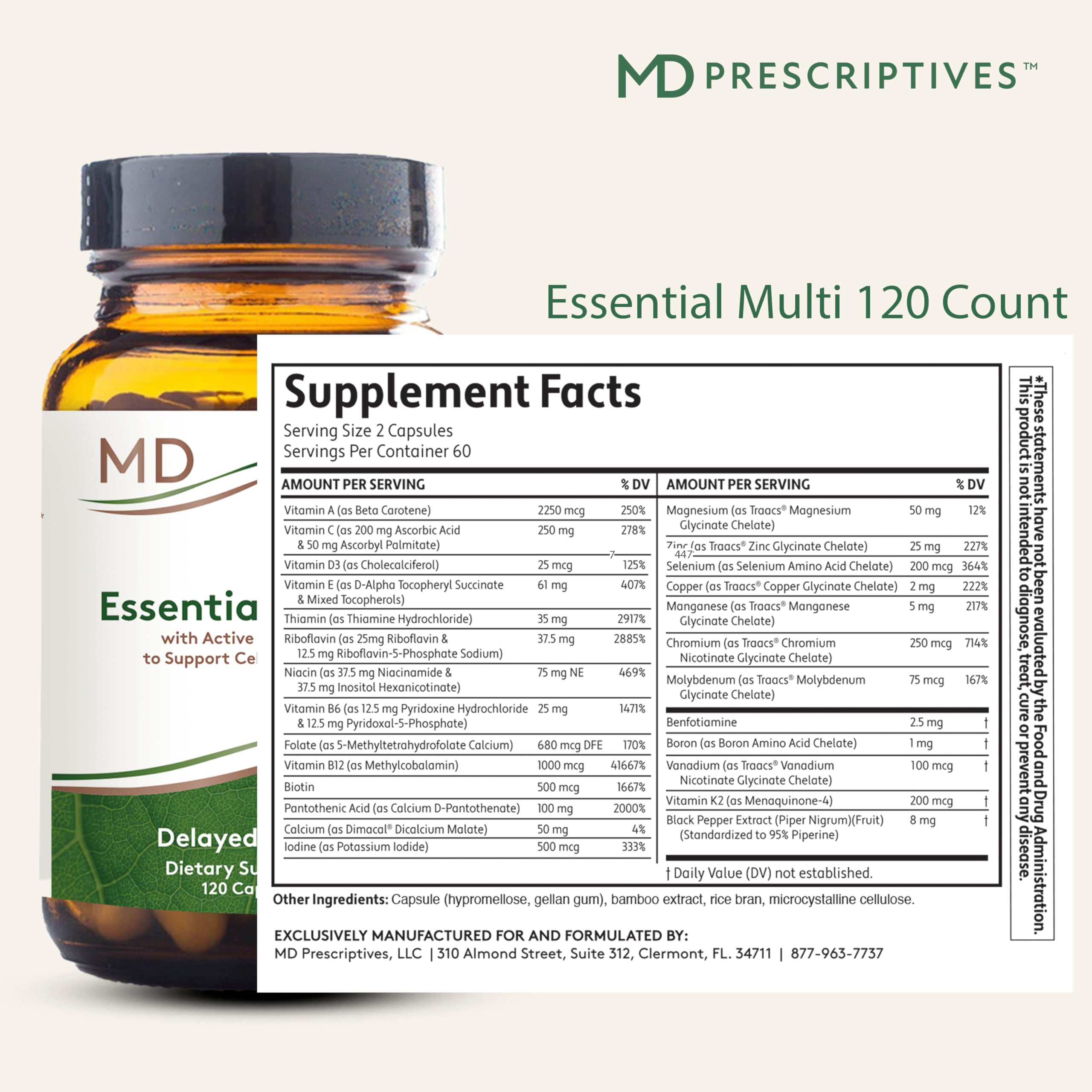 MD Prescriptives Essential Multi capsules close-up shows easy-to-swallow form.