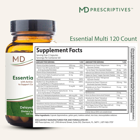 MD Prescriptives Essential Multi capsules close-up shows easy-to-swallow form.