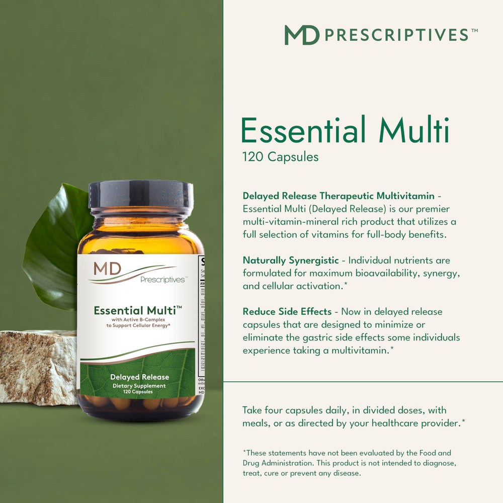 MD Prescriptives Essential Multi nutrition label highlights hypoallergenic formula.
