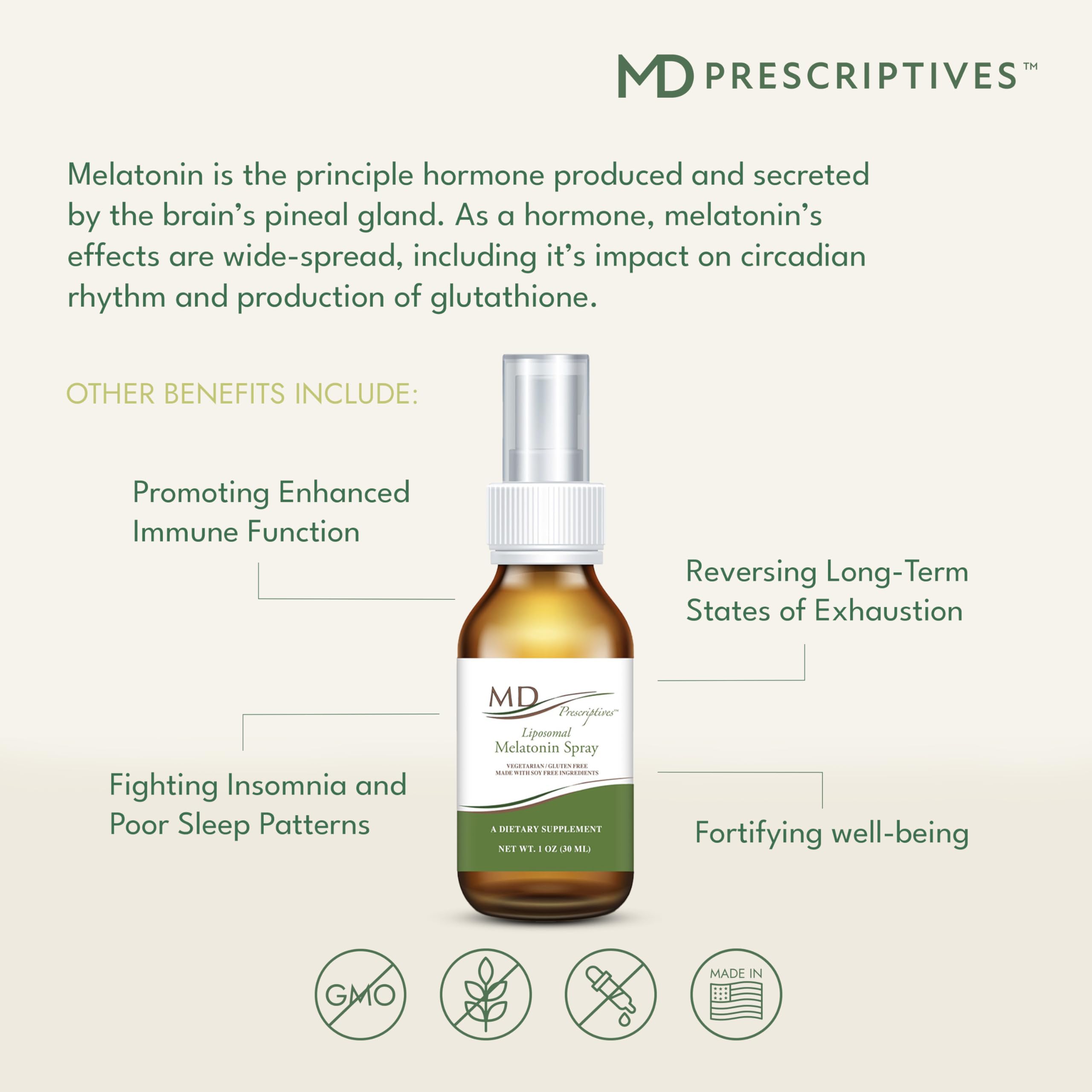 MD Prescriptives Liposomal Melatonin Spray packaging signals vegetarian, GMO-free USA-made formula.