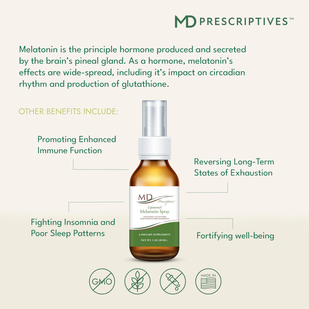 MD Prescriptives Liposomal Melatonin Spray packaging signals vegetarian, GMO-free USA-made formula.