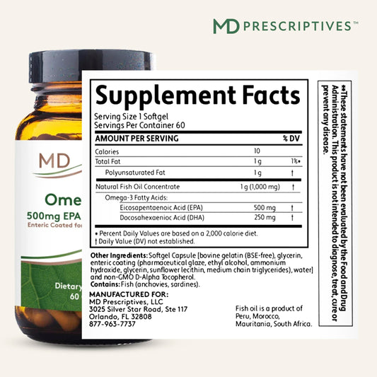 MD Prescriptives Omega MD bottle label showing 500 EPA and 250 DHA.