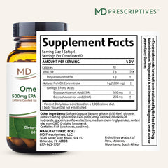 MD Prescriptives Omega MD bottle label showing 500 EPA and 250 DHA.
