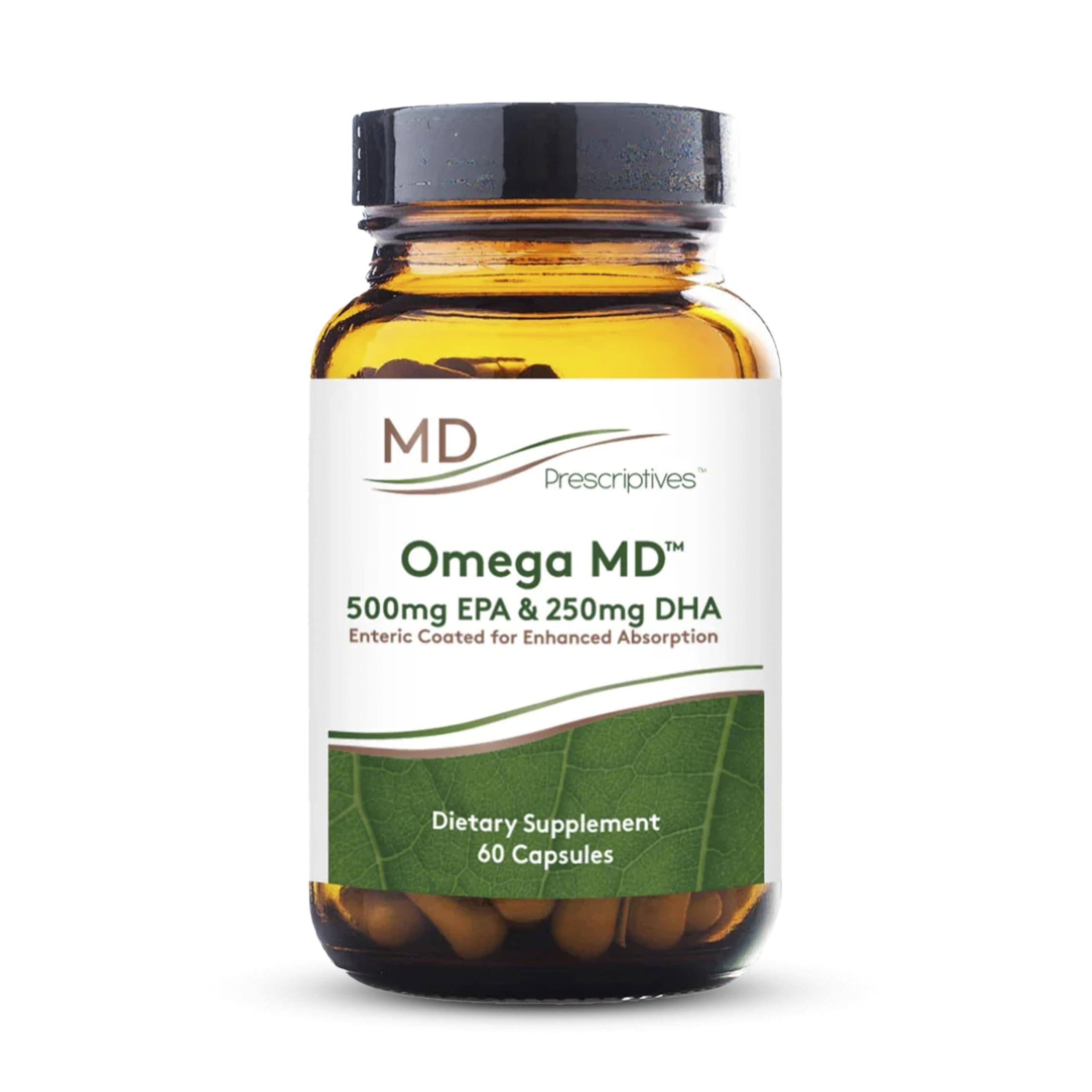 MD Prescriptives Omega MD softgels closeup with enteric coating and potential heart-brain support.