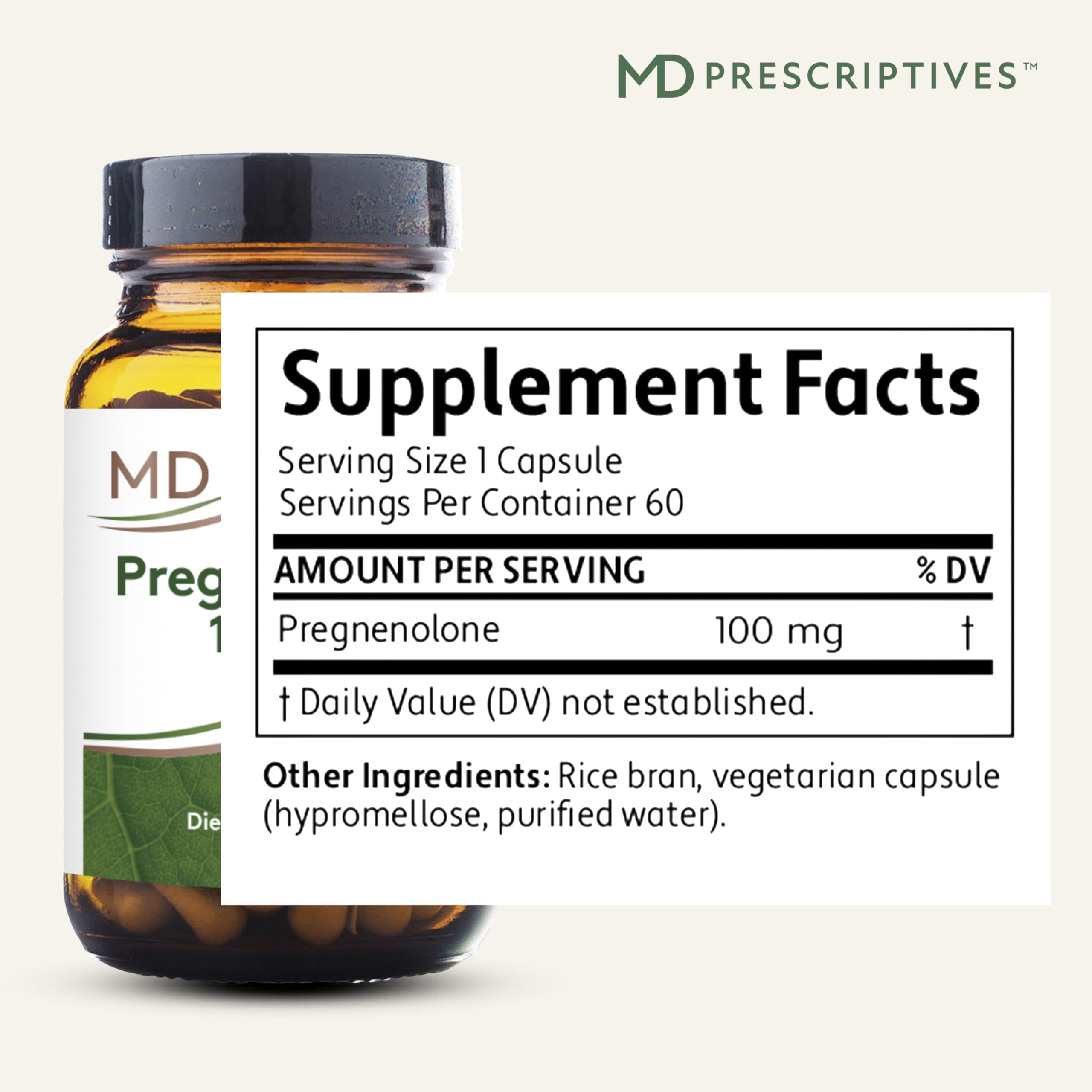 MD Prescriptives Pregnenolone bottle back with supplement facts and vegan formula.