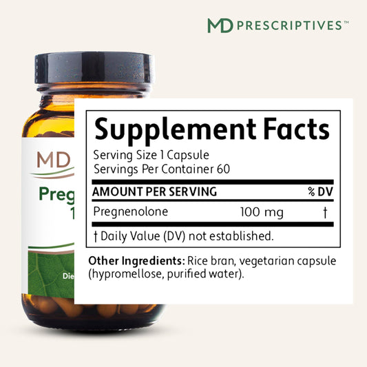 MD Prescriptives Pregnenolone bottle back with supplement facts and vegan formula.