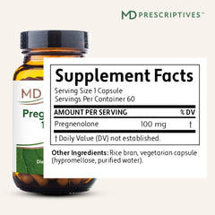 MD Prescriptives Pregnenolone bottle back with supplement facts and vegan formula.