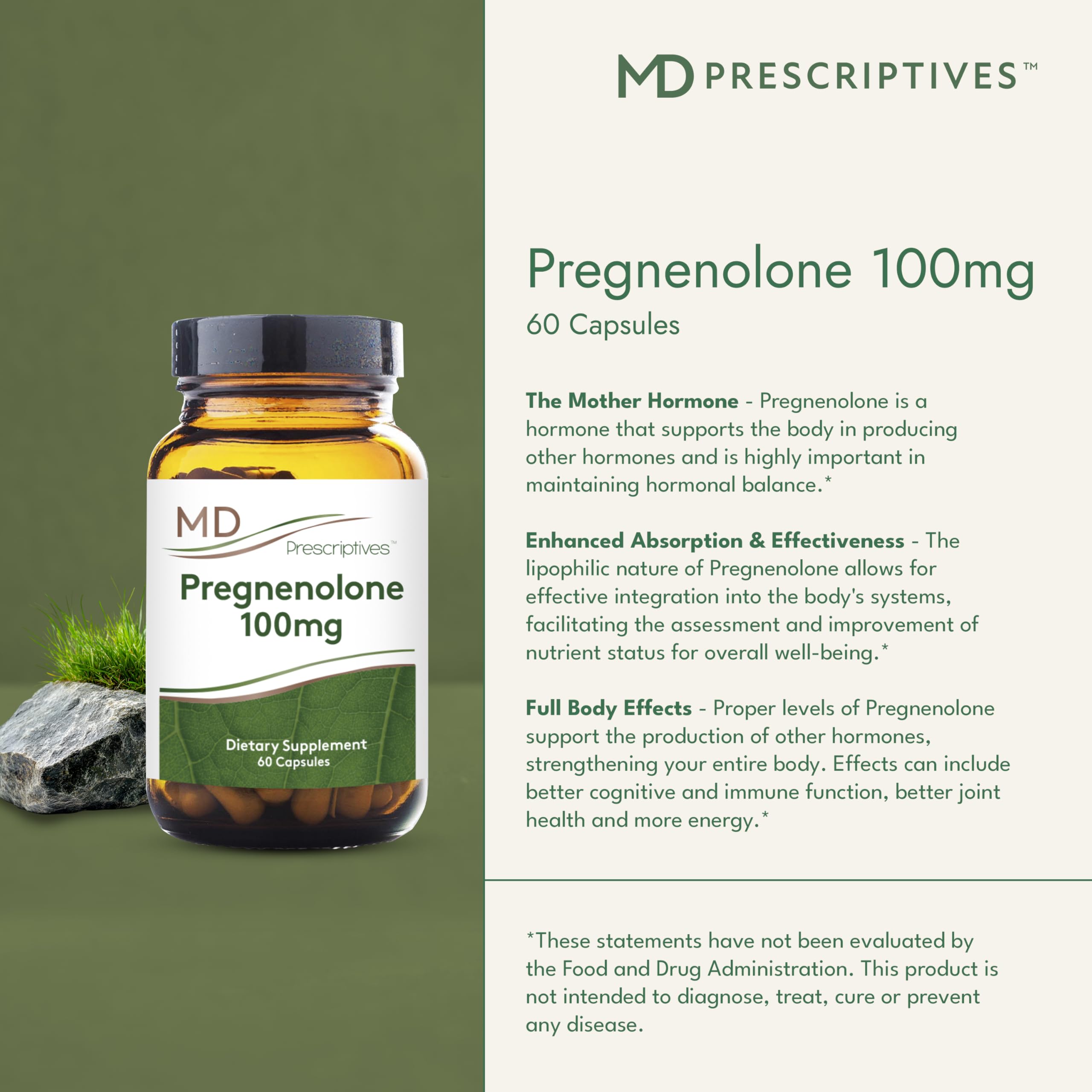 MD Prescriptives Pregnenolone capsule closeup highlights 100 mg dosage.