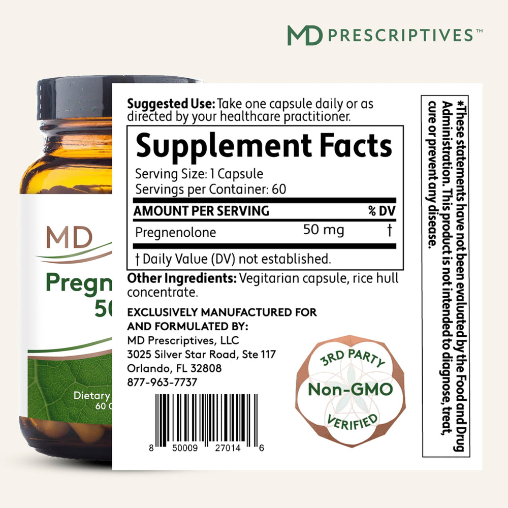 MD Prescriptives Pregnenolone capsules closeup highlights easy daily wellness capsules.