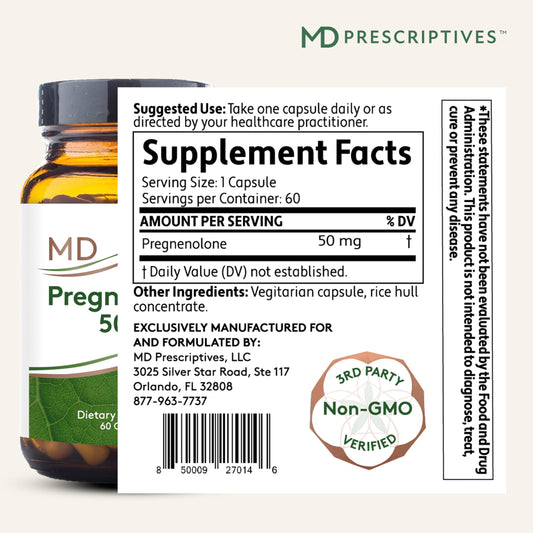 MD Prescriptives Pregnenolone capsules closeup highlights easy daily wellness capsules.