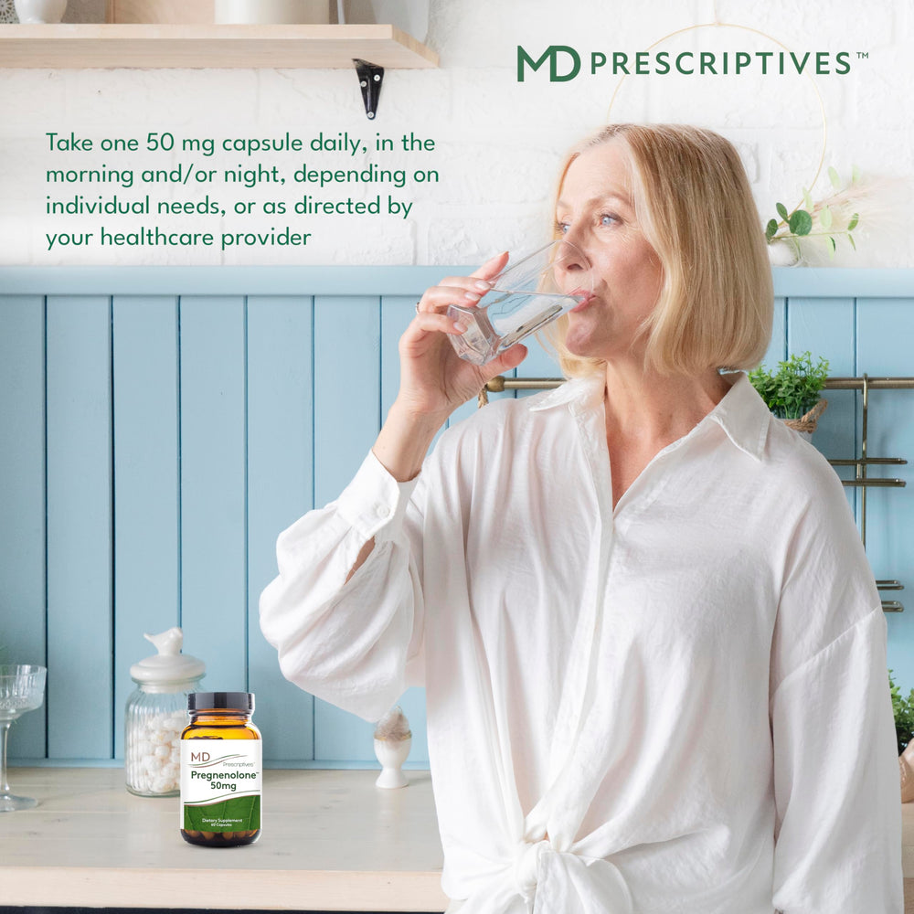 MD Prescriptives Pregnenolone vegan formula icon signals clean plant-based design.