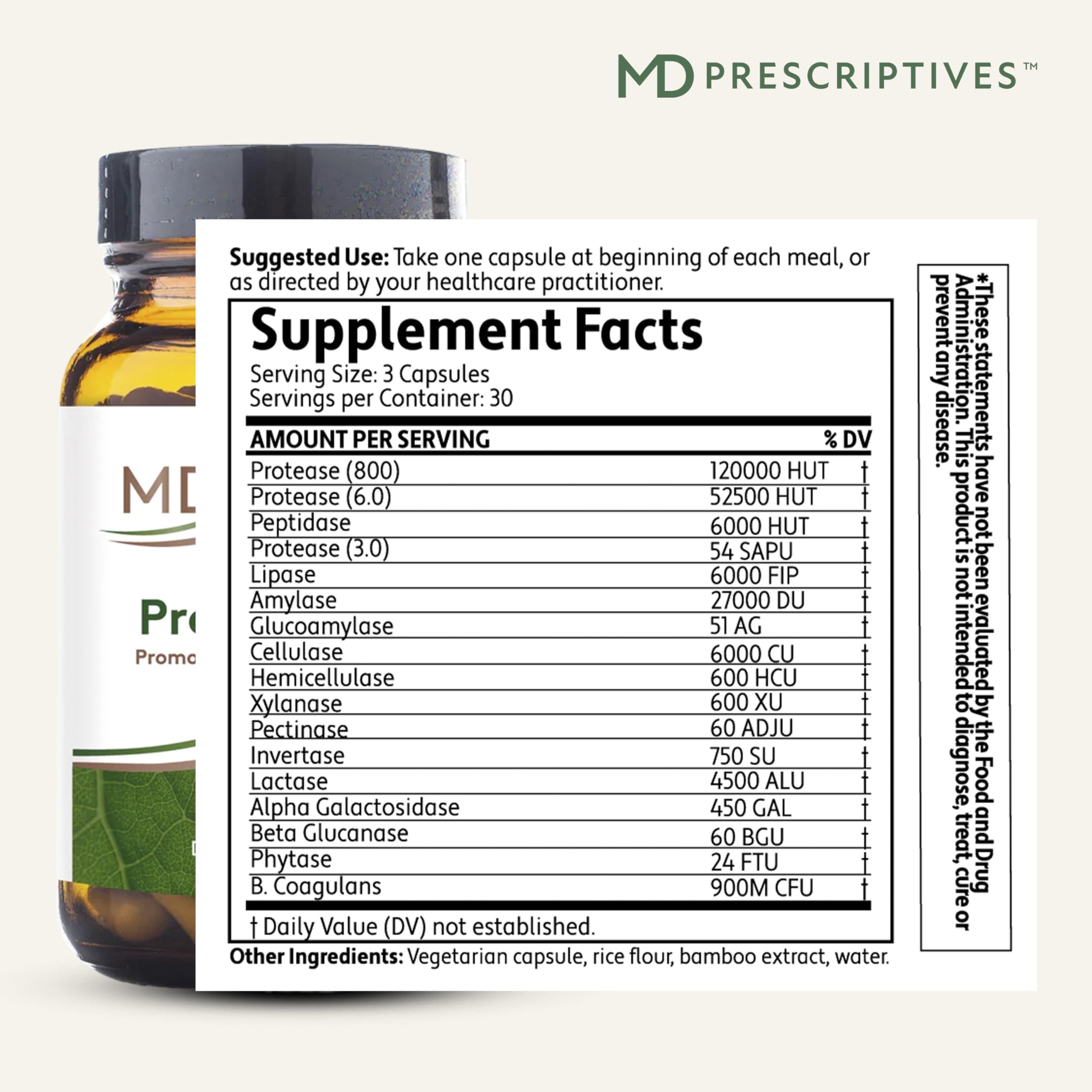 MD Prescriptives ProbioZyme bottle label close-up highlights vegetarian and probiotic formula.