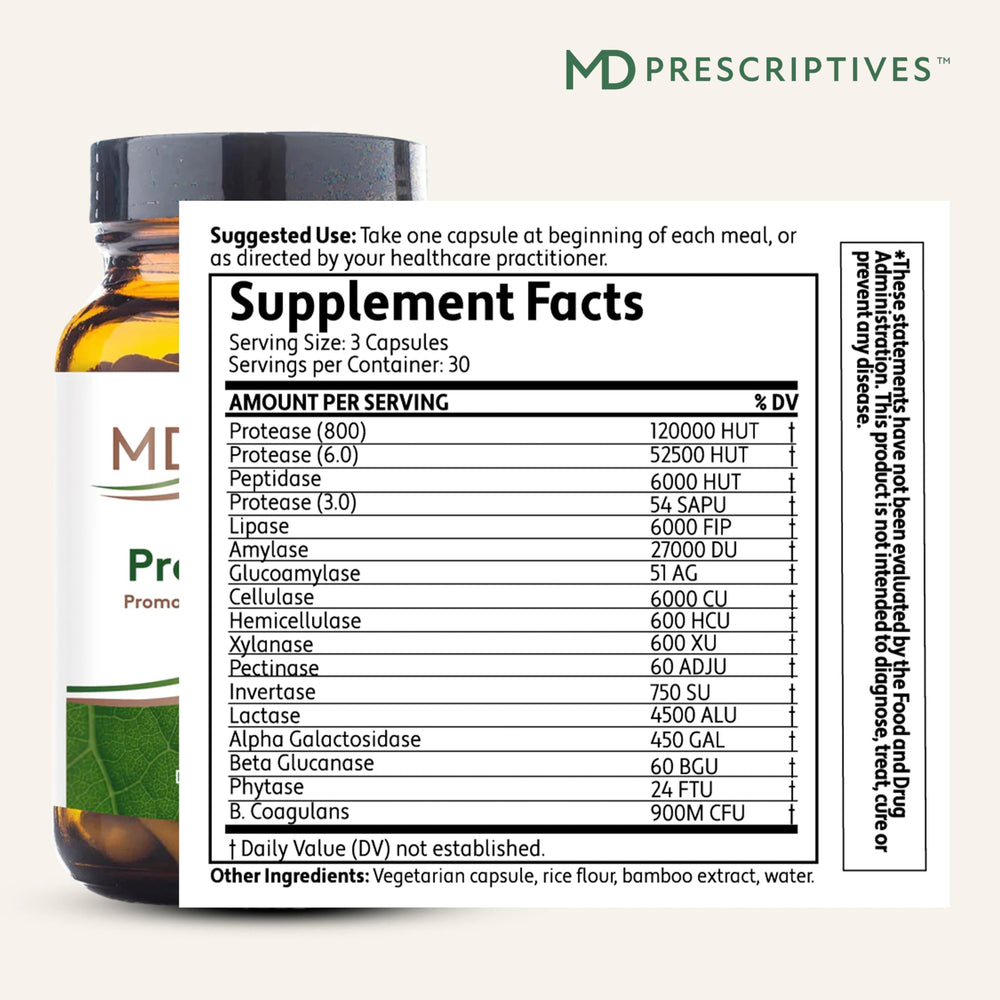 MD Prescriptives ProbioZyme bottle label close-up highlights vegetarian and probiotic formula.
