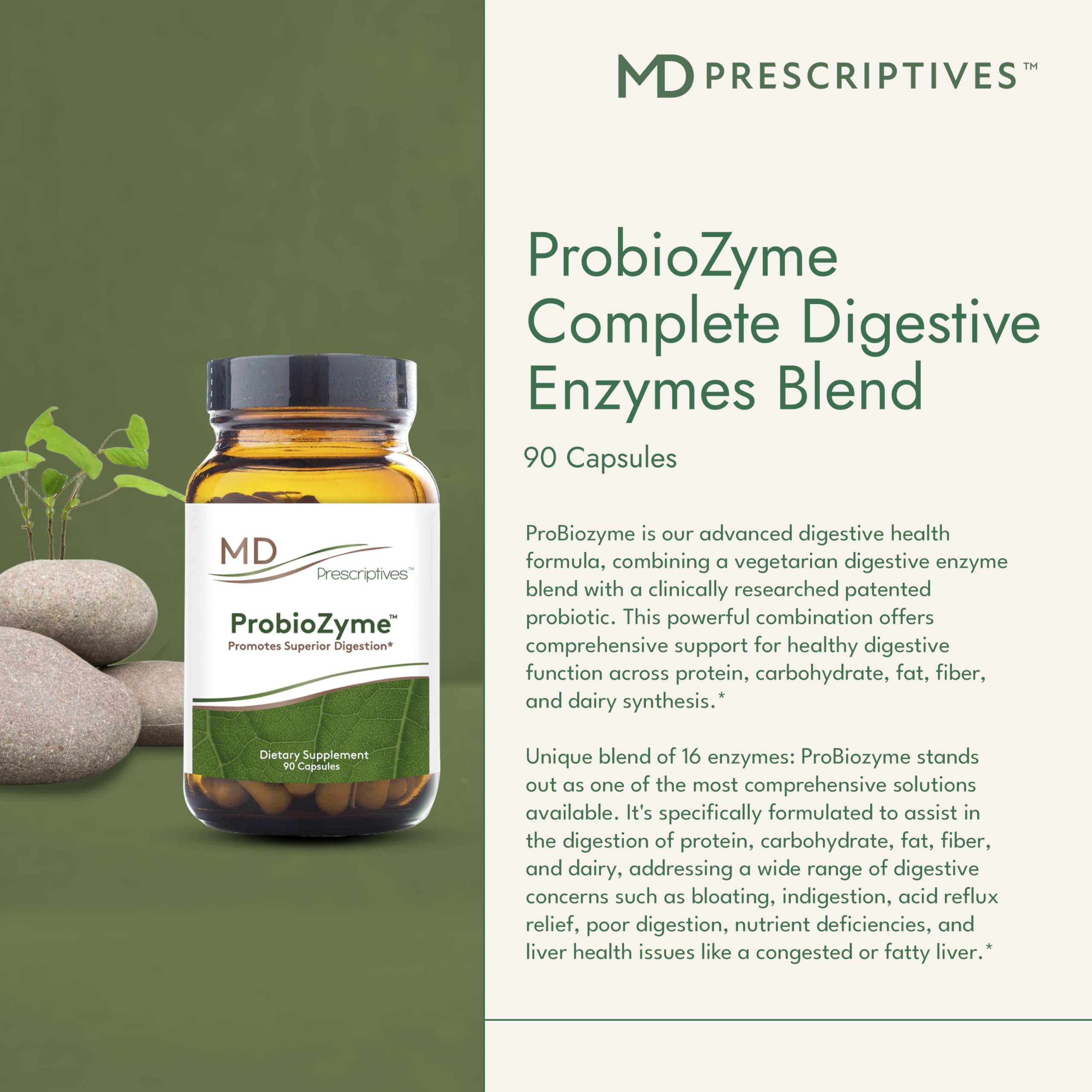 MD Prescriptives ProbioZyme capsules ready to swallow for gut health.