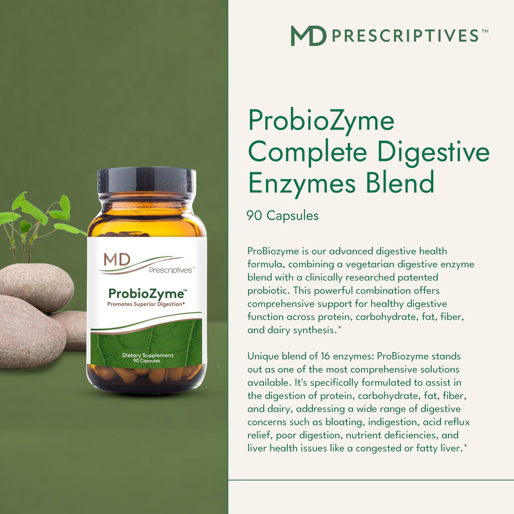 MD Prescriptives ProbioZyme capsules ready to swallow for gut health.