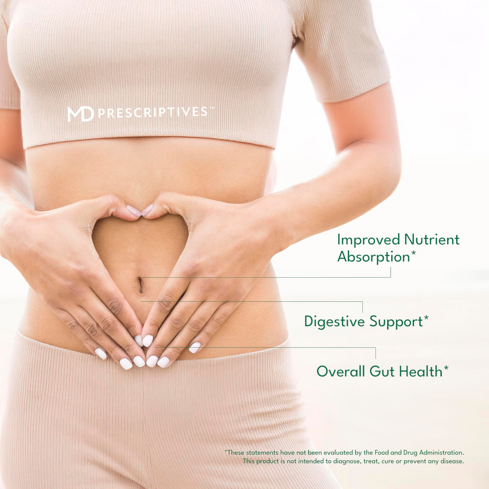 MD Prescriptives ProbioZyme probiotic blend communicates gut-friendly balance.