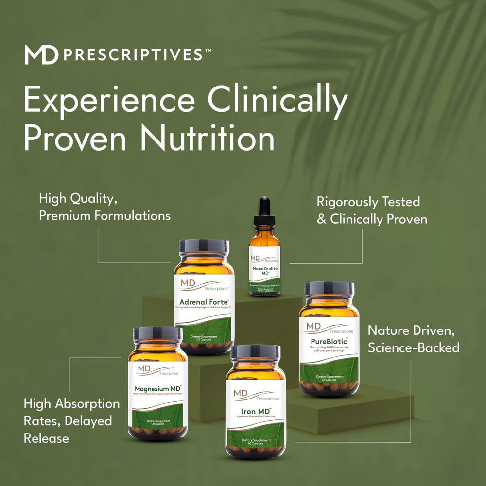 MD Prescriptives PureBiotic bottle with glass signals easy daily habit.