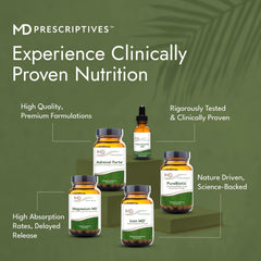 MD Prescriptives PureBiotic bottle with glass signals easy daily habit.