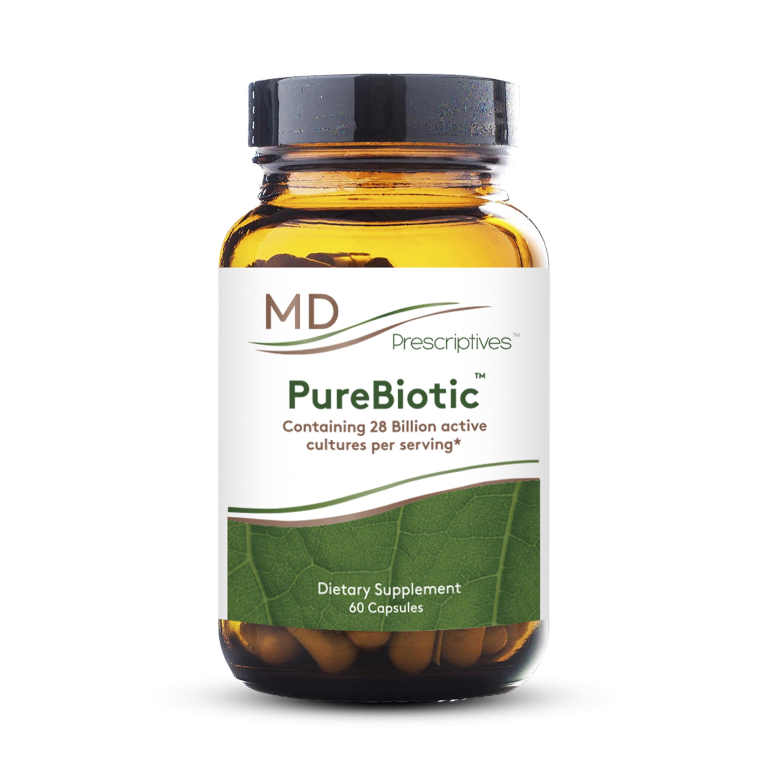 MD Prescriptives PureBiotic bottle with label showing 28B CFU for daily gut support.