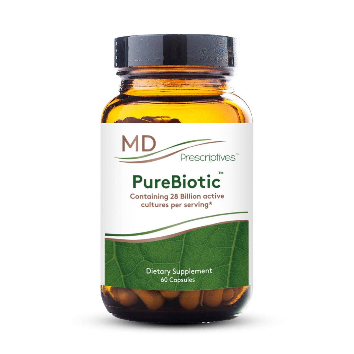 MD Prescriptives PureBiotic bottle with label showing 28B CFU for daily gut support.