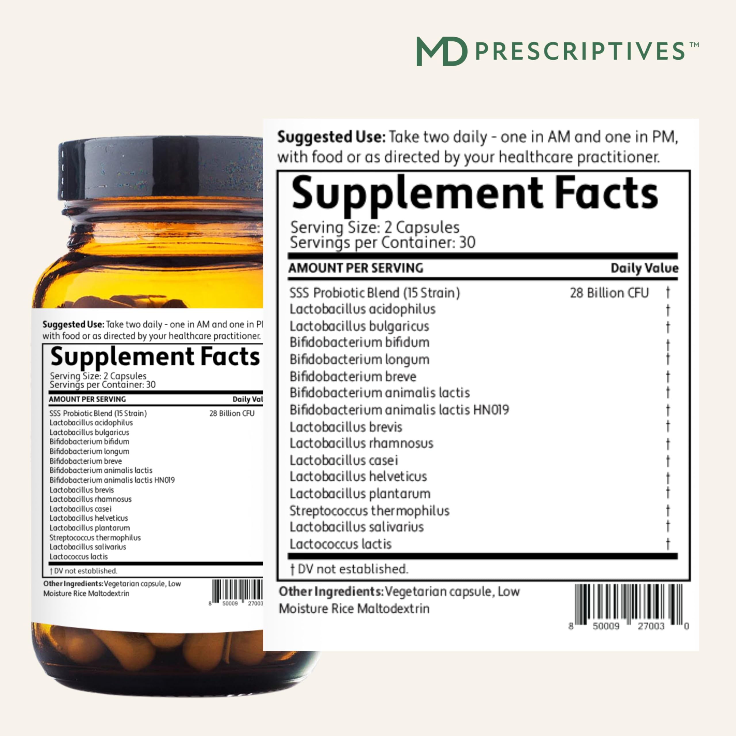 MD Prescriptives PureBiotic capsules closeup for convenient daily digestion.
