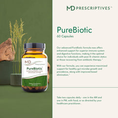 MD Prescriptives PureBiotic bottle shown for AM and PM dosing.