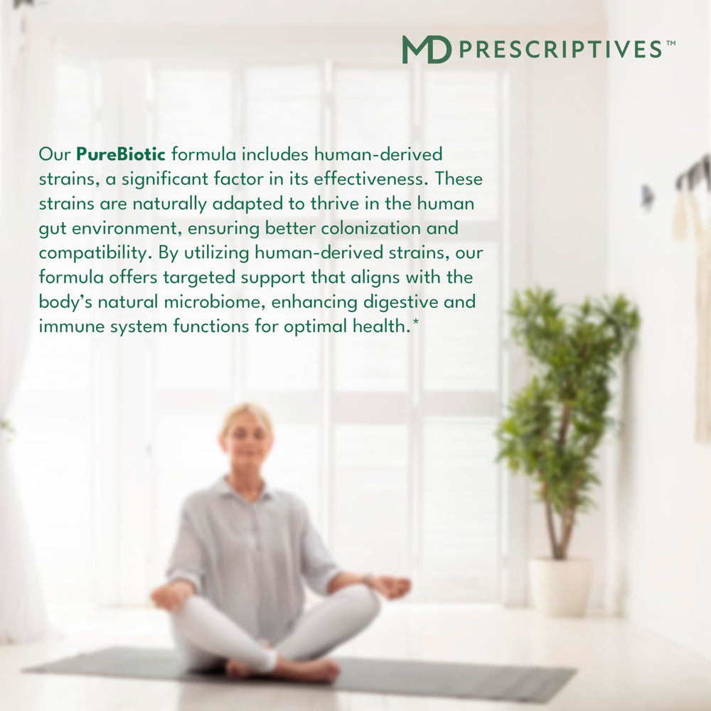 MD Prescriptives PureBiotic label closeup highlights 15 probiotic species.