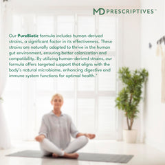 MD Prescriptives PureBiotic label closeup highlights 15 probiotic species.